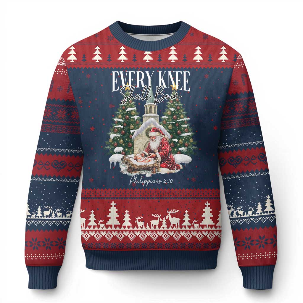 Every Knee Shall Bow Ugly Christmas Sweater Nativity Scene Santa and Baby Jesus Xmas TS10 Navy Red Print Your Wear