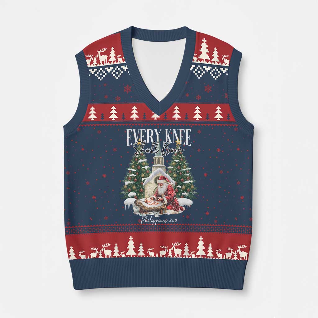 Every Knee Shall Bow V-Neck Knit Sweater Vest Nativity Scene Santa and Baby Jesus Xmas TS10 Navy Red Print Your Wear