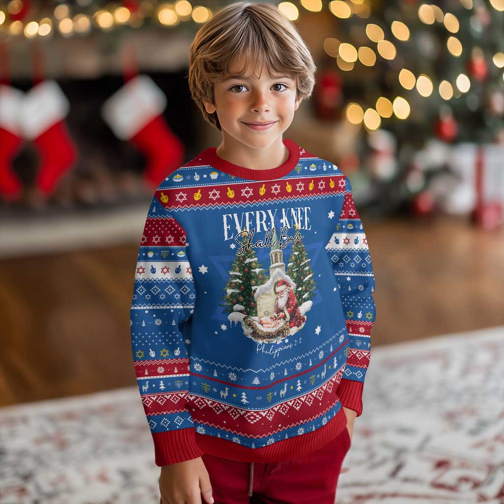 Every Knee Shall Bow Hanukkah Ugly Sweater Nativity Scene Santa and Baby Jesus Christmas TS10 Blue Red Print Your Wear