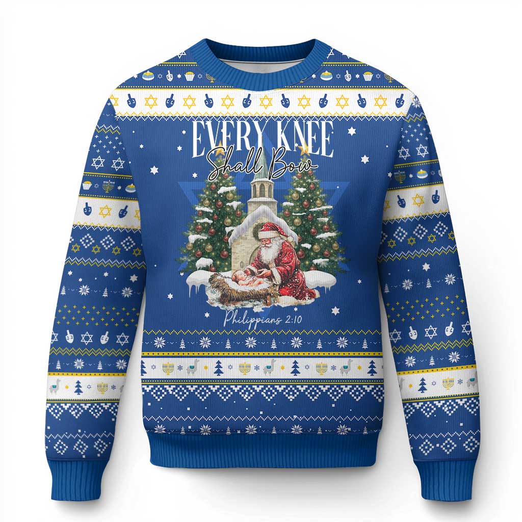Every Knee Shall Bow Hanukkah Ugly Sweater Nativity Scene Santa and Baby Jesus Christmas TS10 Blue White Print Your Wear