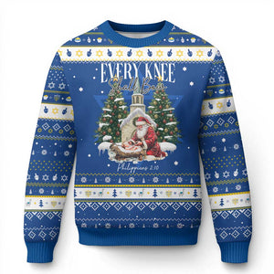 Every Knee Shall Bow Hanukkah Ugly Sweater Nativity Scene Santa and Baby Jesus Christmas TS10 Blue White Print Your Wear