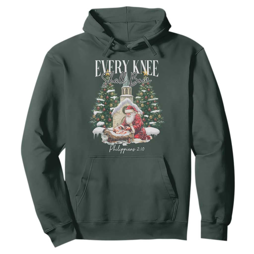 Every Knee Shall Bow Hoodie Nativity Scene Santa and Baby Jesus Christmas TS10 Dark Forest Green Print Your Wear