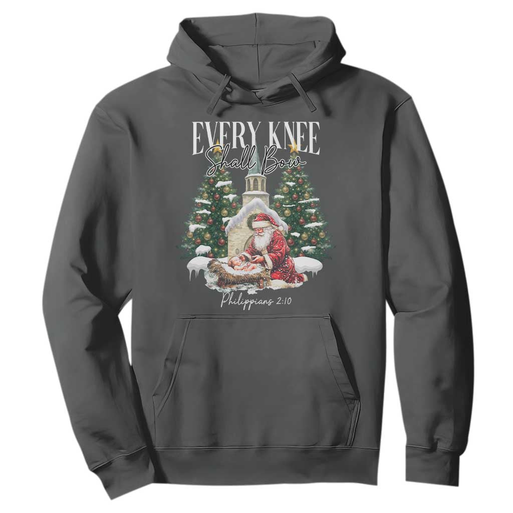 Every Knee Shall Bow Hoodie Nativity Scene Santa and Baby Jesus Christmas TS10 Dark Heather Print Your Wear