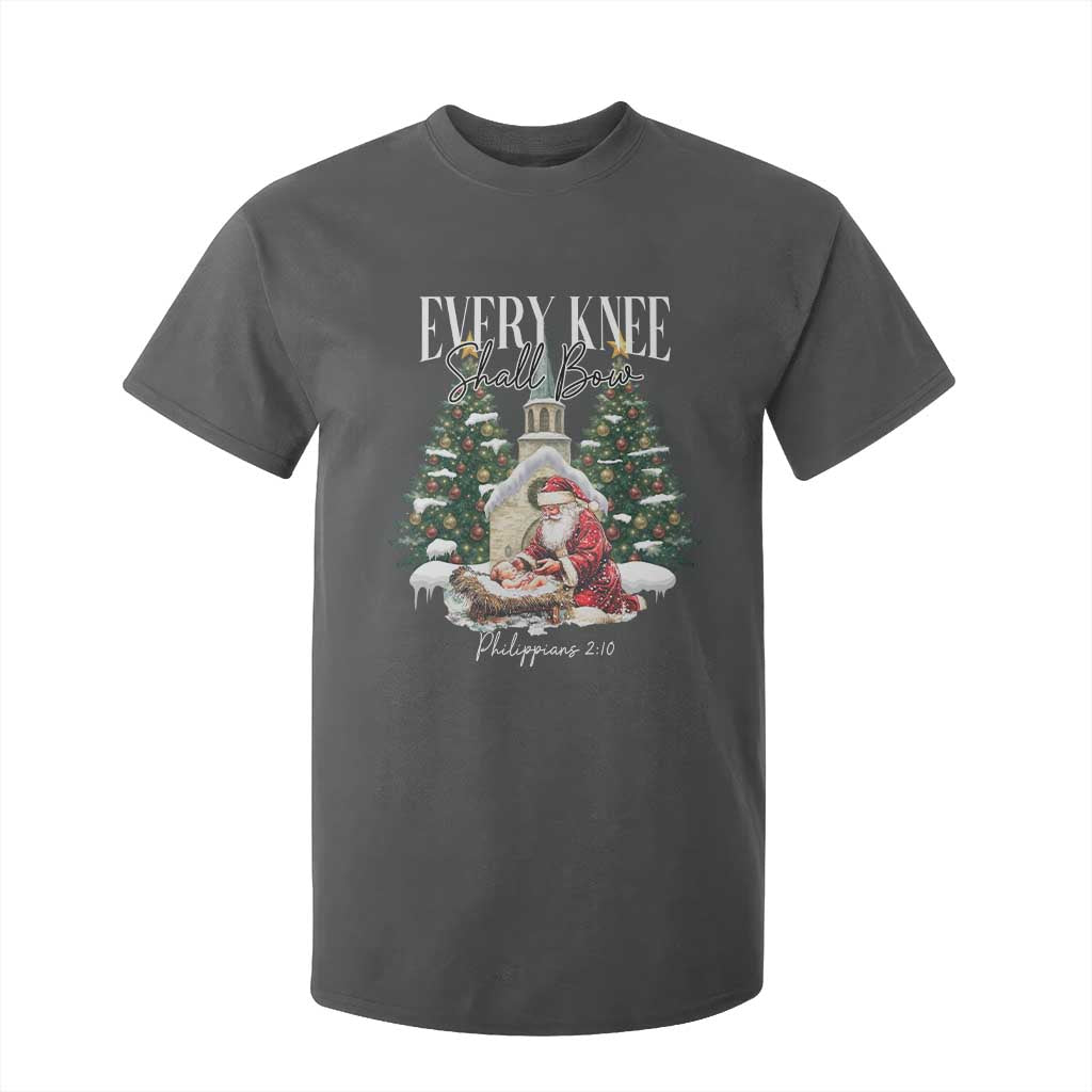 Every Knee Shall Bow T Shirt For Kid Nativity Scene Santa and Baby Jesus Christmas TS10 Dark Heather Print Your Wear