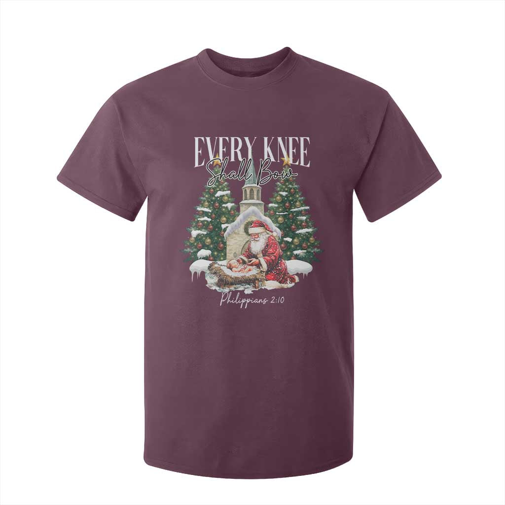 Every Knee Shall Bow T Shirt For Kid Nativity Scene Santa and Baby Jesus Christmas TS10 Maroon Print Your Wear