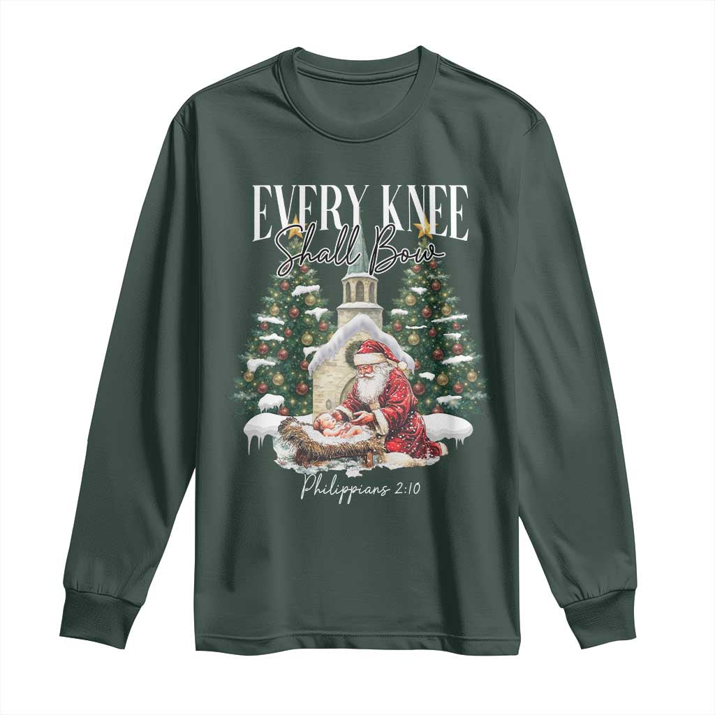 Every Knee Shall Bow Long Sleeve Shirt Nativity Scene Santa and Baby Jesus Christmas TS10 Dark Forest Green Print Your Wear