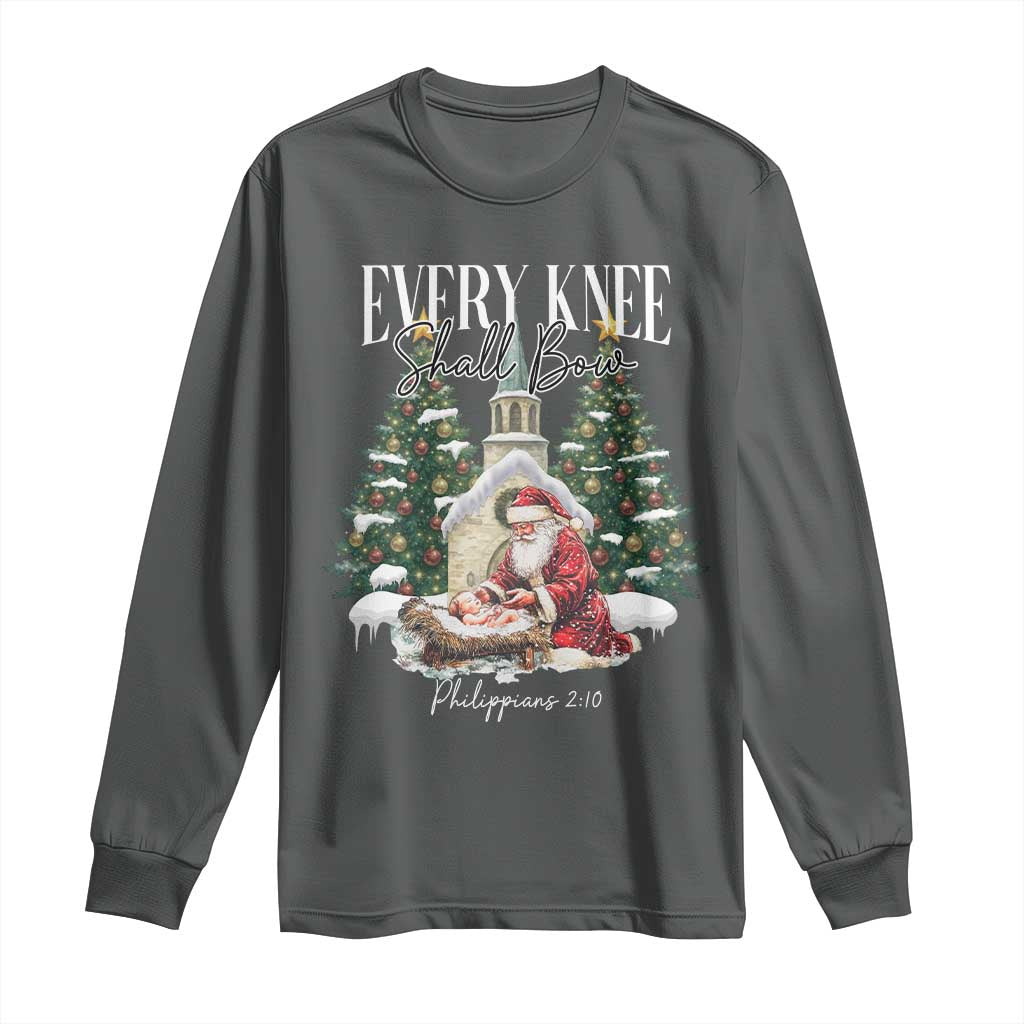 Every Knee Shall Bow Long Sleeve Shirt Nativity Scene Santa and Baby Jesus Christmas TS10 Dark Heather Print Your Wear