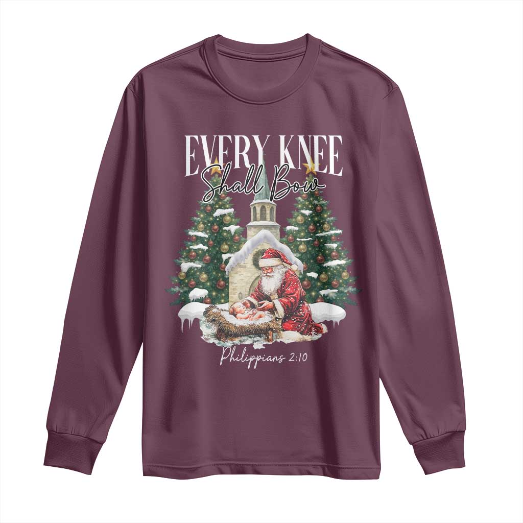 Every Knee Shall Bow Long Sleeve Shirt Nativity Scene Santa and Baby Jesus Christmas TS10 Maroon Print Your Wear