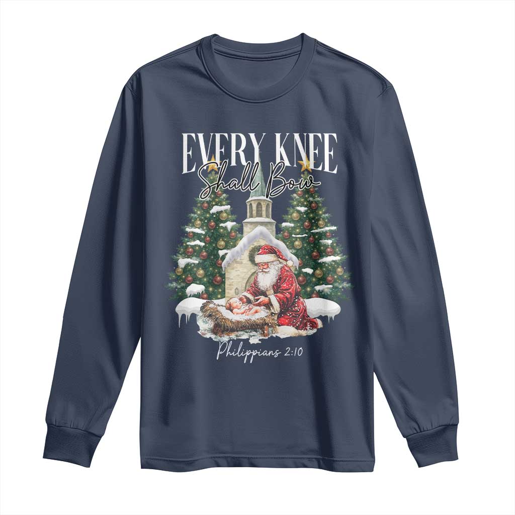 Every Knee Shall Bow Long Sleeve Shirt Nativity Scene Santa and Baby Jesus Christmas TS10 Navy Print Your Wear