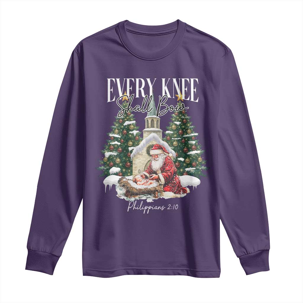 Every Knee Shall Bow Long Sleeve Shirt Nativity Scene Santa and Baby Jesus Christmas TS10 Purple Print Your Wear