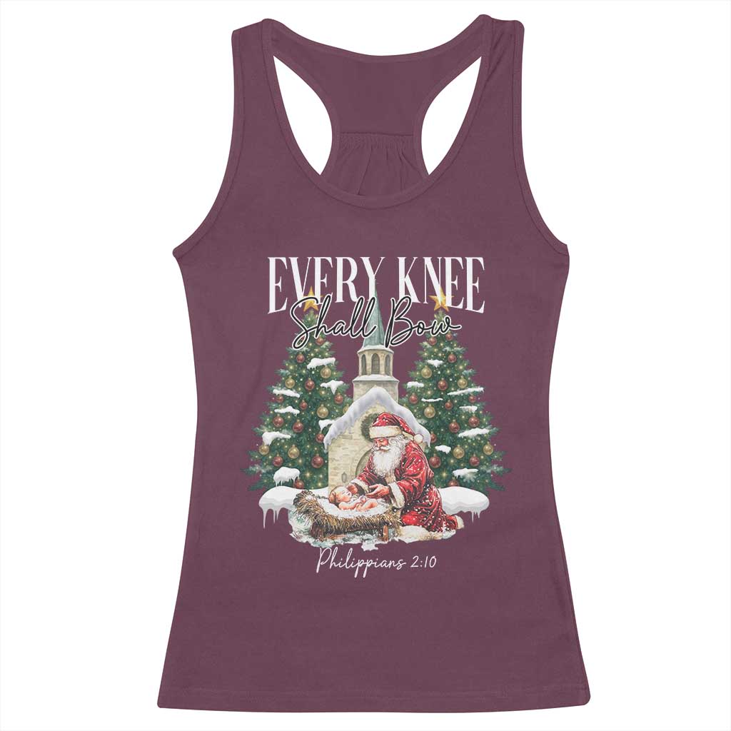 Every Knee Shall Bow Racerback Tank Top Nativity Scene Santa and Baby Jesus Christmas TS10 Maroon Print Your Wear