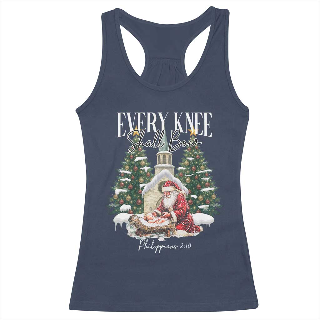 Every Knee Shall Bow Racerback Tank Top Nativity Scene Santa and Baby Jesus Christmas TS10 Navy Print Your Wear
