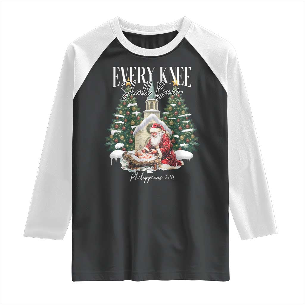 Every Knee Shall Bow Raglan Shirt Nativity Scene Santa and Baby Jesus Christmas TS10 Black White Print Your Wear