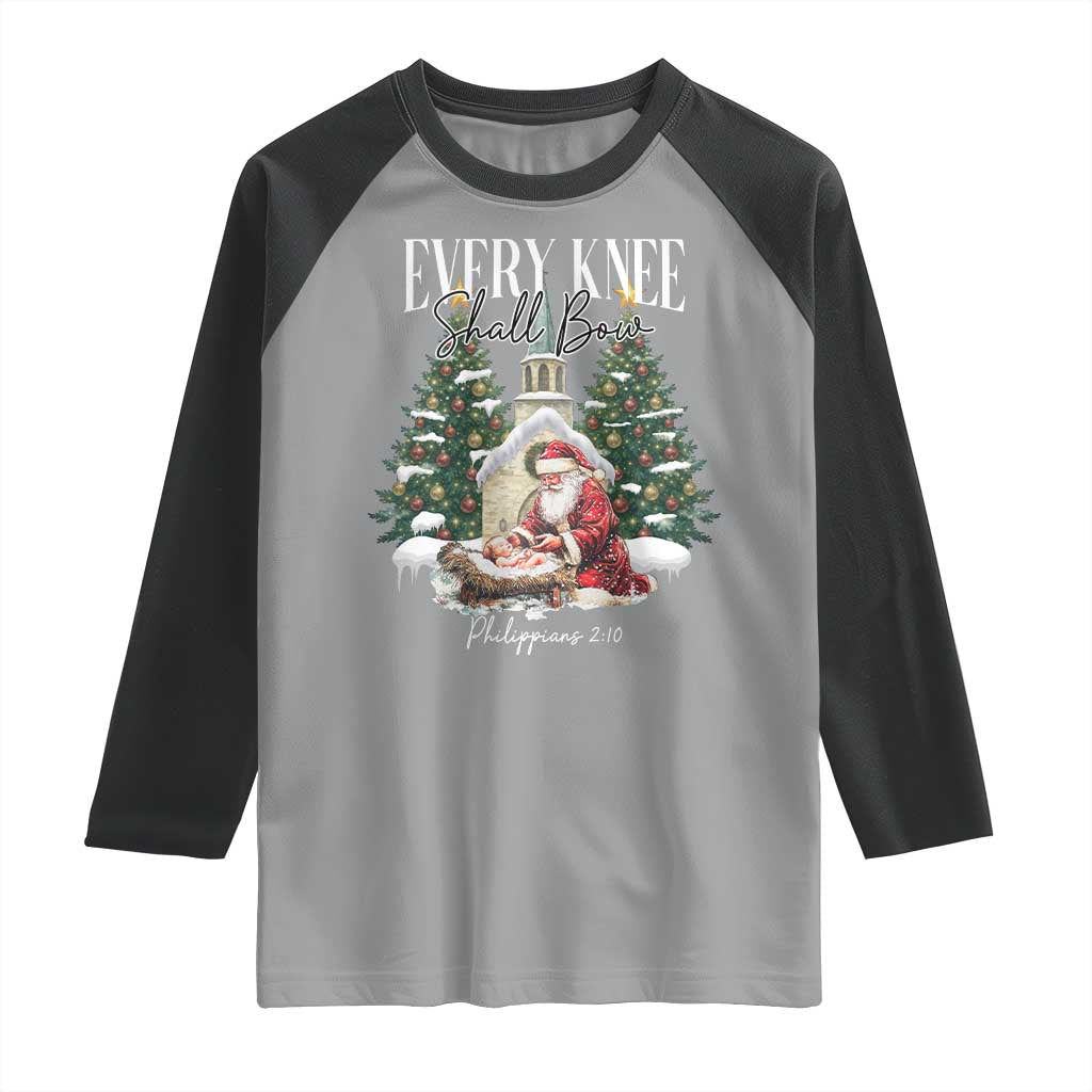 Every Knee Shall Bow Raglan Shirt Nativity Scene Santa and Baby Jesus Christmas TS10 Sport Gray Black Print Your Wear