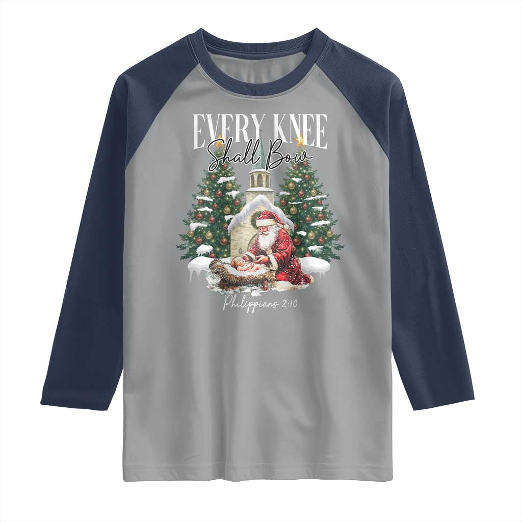Every Knee Shall Bow Raglan Shirt Nativity Scene Santa and Baby Jesus Christmas TS10 Sport Gray Navy Print Your Wear