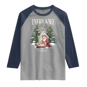 Every Knee Shall Bow Raglan Shirt Nativity Scene Santa and Baby Jesus Christmas TS10 Sport Gray Navy Print Your Wear