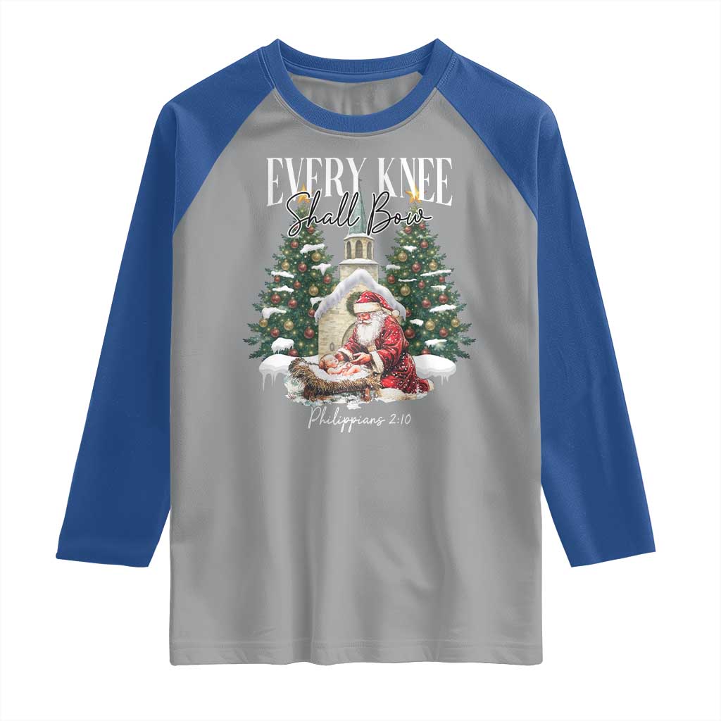 Every Knee Shall Bow Raglan Shirt Nativity Scene Santa and Baby Jesus Christmas TS10 Sport Gray Royal Print Your Wear