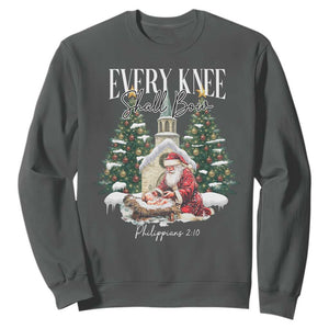 Every Knee Shall Bow Sweatshirt Nativity Scene Santa and Baby Jesus Christmas TS10 Dark Heather Print Your Wear