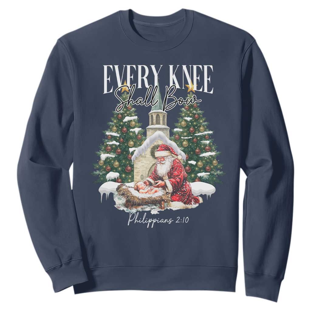 Every Knee Shall Bow Sweatshirt Nativity Scene Santa and Baby Jesus Christmas TS10 Navy Print Your Wear