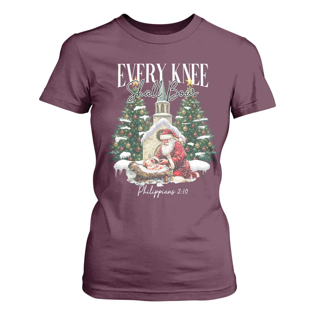 Every Knee Shall Bow T Shirt For Women Nativity Scene Santa and Baby Jesus Christmas TS10 Maroon Print Your Wear