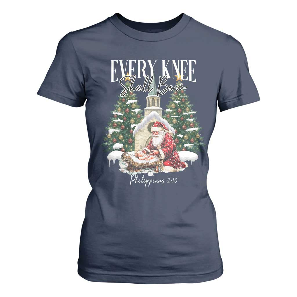 Every Knee Shall Bow T Shirt For Women Nativity Scene Santa and Baby Jesus Christmas TS10 Navy Print Your Wear