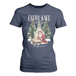 Every Knee Shall Bow T Shirt For Women Nativity Scene Santa and Baby Jesus Christmas TS10 Navy Print Your Wear