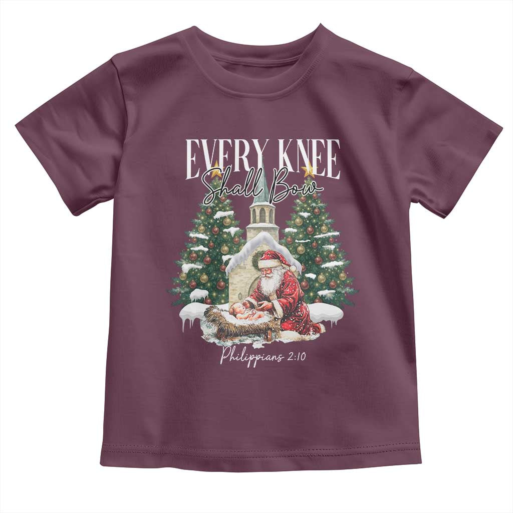 Every Knee Shall Bow Toddler T Shirt Nativity Scene Santa and Baby Jesus Christmas TS10 Maroon Print Your Wear