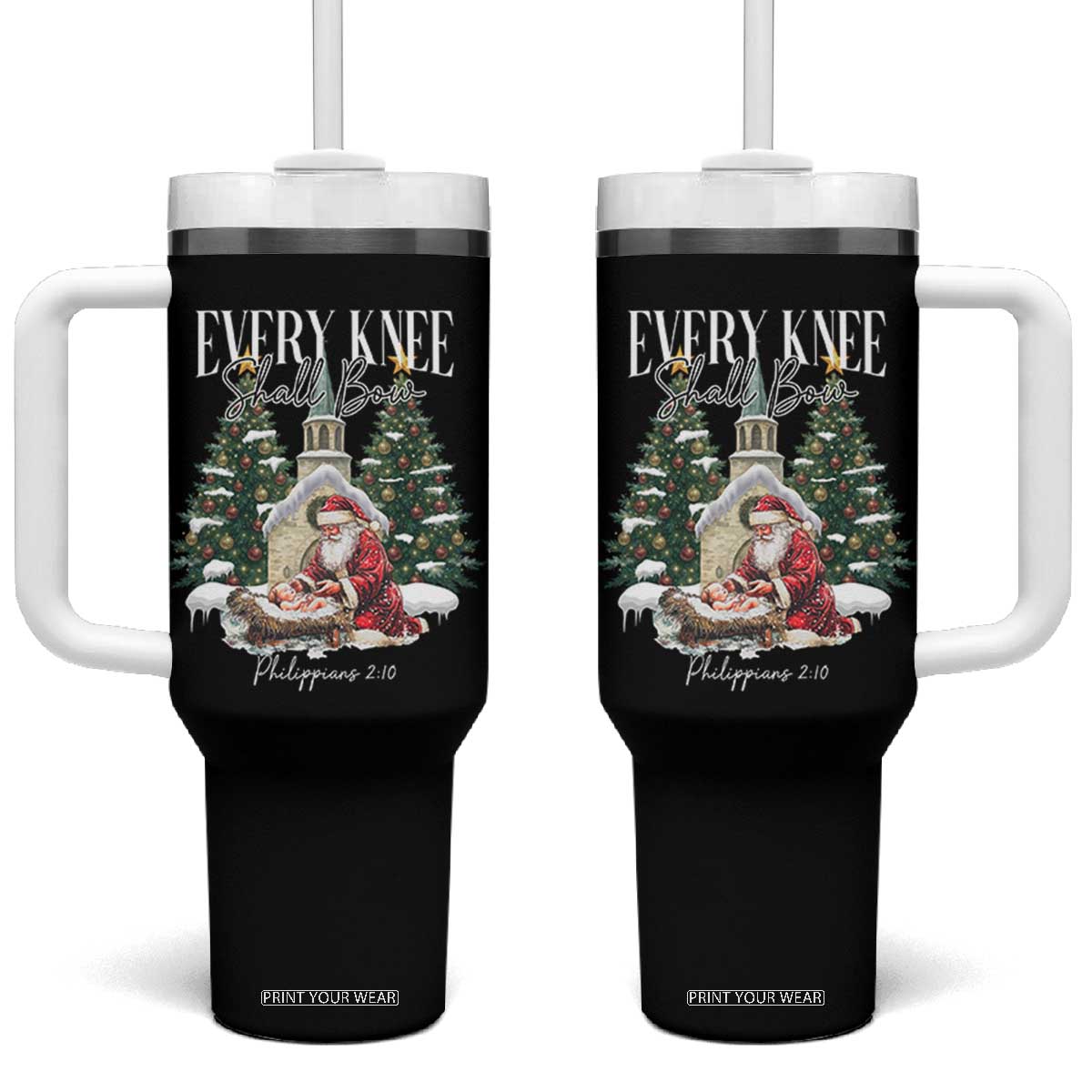 Every Knee Shall Bow Tumbler With Handle Nativity Scene Santa and Baby Jesus Christmas TS10 One Size: 40 oz Black Print Your Wear
