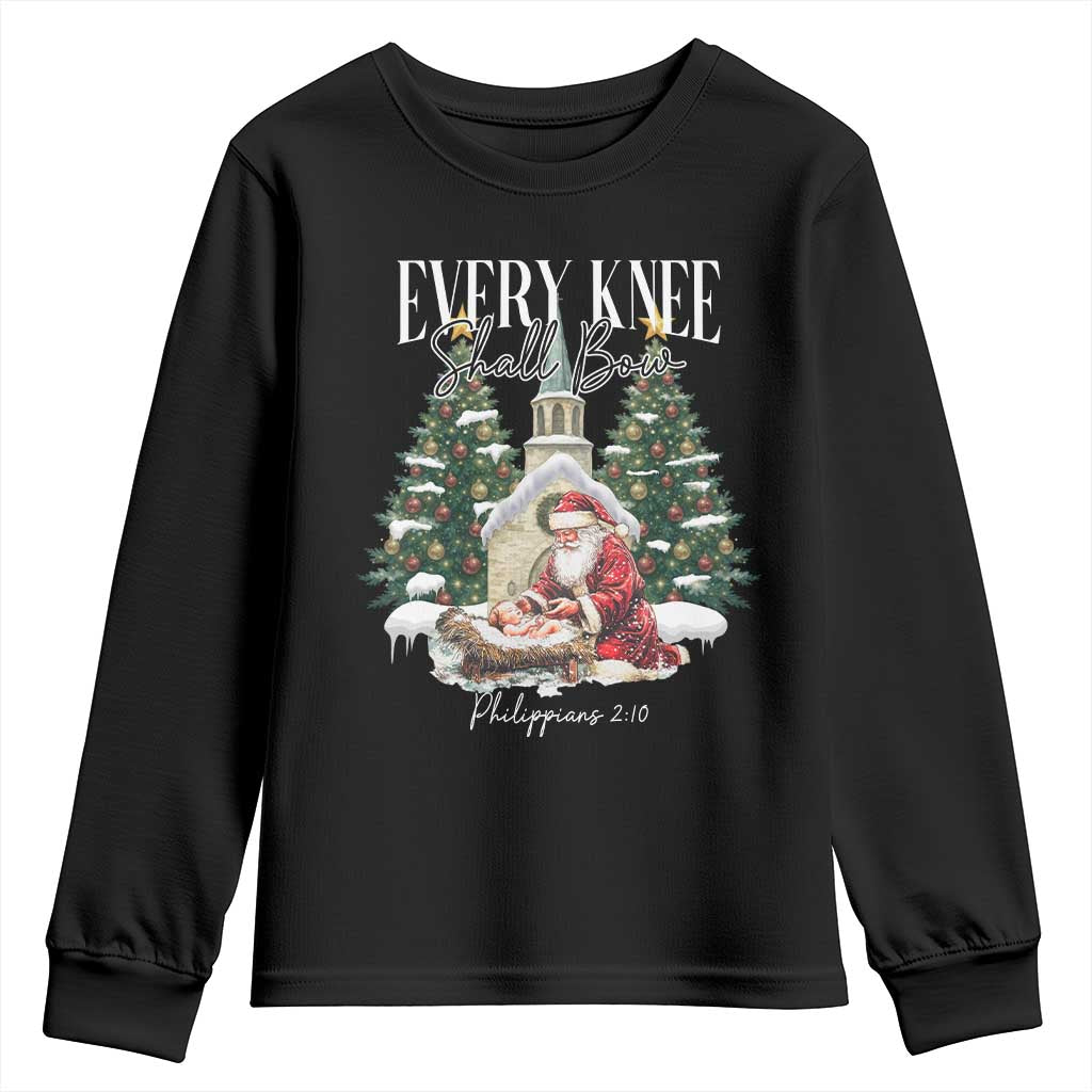 Every Knee Shall Bow Youth Sweatshirt Nativity Scene Santa and Baby Jesus Christmas TS10 Black Print Your Wear