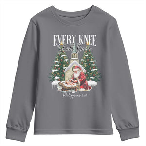 Every Knee Shall Bow Youth Sweatshirt Nativity Scene Santa and Baby Jesus Christmas TS10 Charcoal Print Your Wear