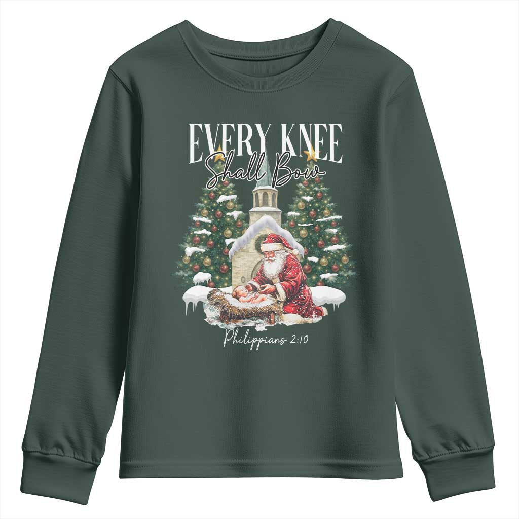 Every Knee Shall Bow Youth Sweatshirt Nativity Scene Santa and Baby Jesus Christmas TS10 Dark Forest Green Print Your Wear
