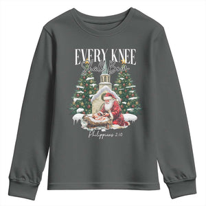 Every Knee Shall Bow Youth Sweatshirt Nativity Scene Santa and Baby Jesus Christmas TS10 Dark Heather Print Your Wear