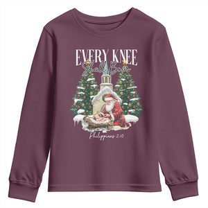 Every Knee Shall Bow Youth Sweatshirt Nativity Scene Santa and Baby Jesus Christmas TS10 Maroon Print Your Wear