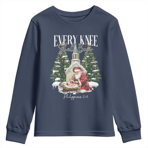Every Knee Shall Bow Youth Sweatshirt Nativity Scene Santa and Baby Jesus Christmas TS10 Navy Print Your Wear