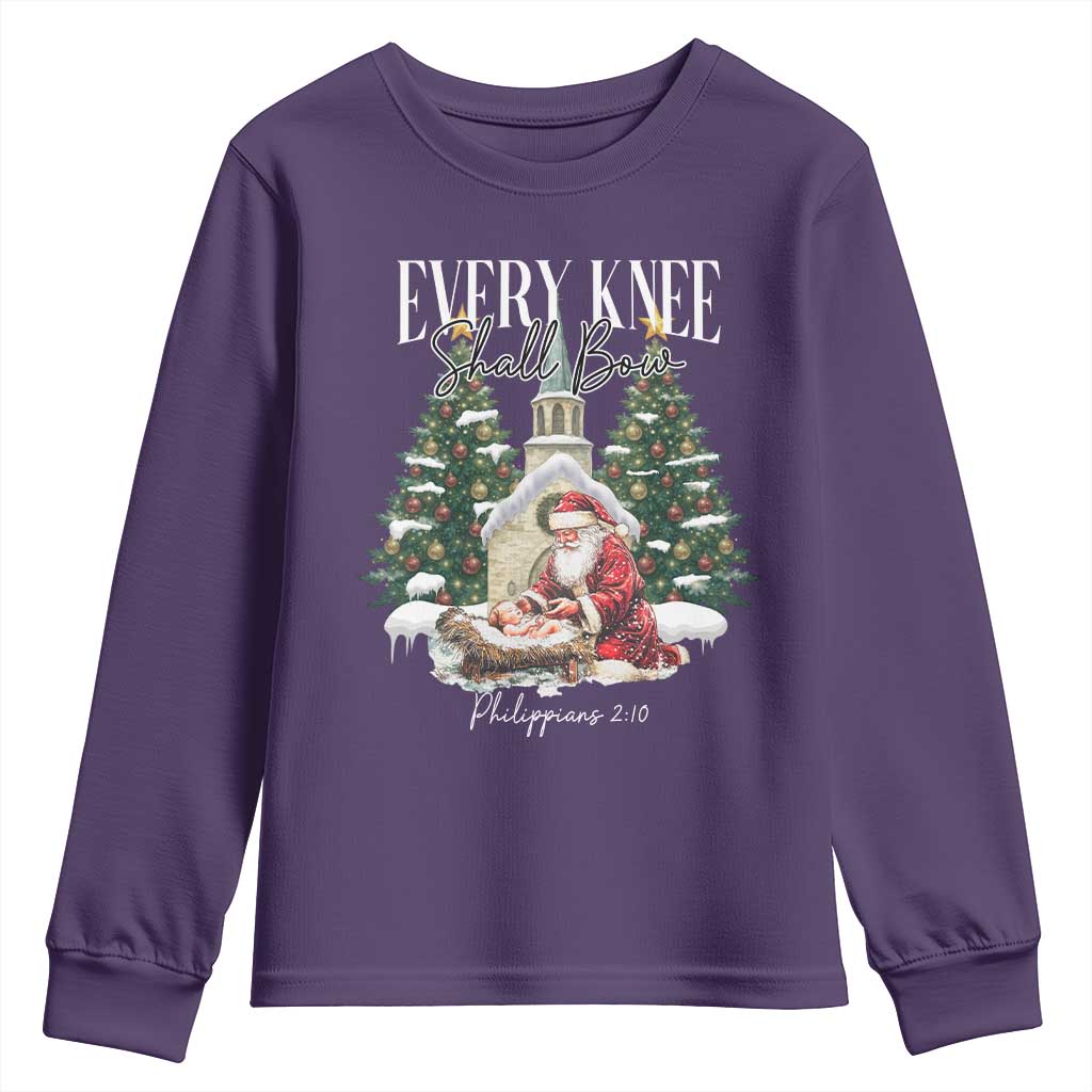 Every Knee Shall Bow Youth Sweatshirt Nativity Scene Santa and Baby Jesus Christmas TS10 Purple Print Your Wear