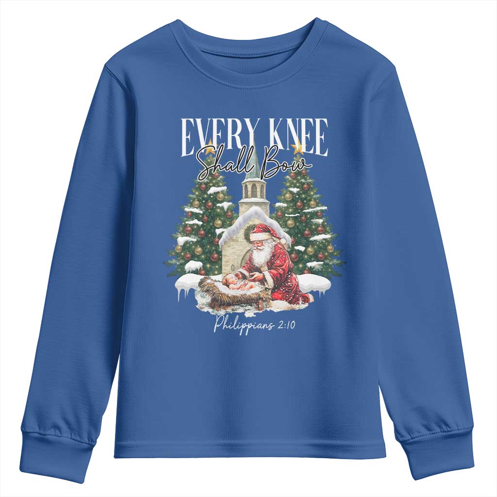 Every Knee Shall Bow Youth Sweatshirt Nativity Scene Santa and Baby Jesus Christmas TS10 Royal Blue Print Your Wear