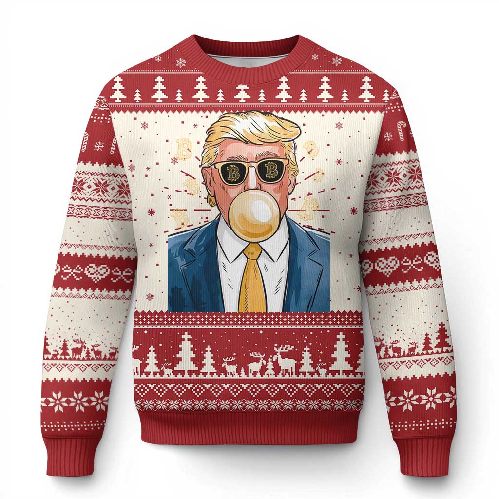 Trump Bitcoin Ugly Christmas Sweater 2024 President Funny Golden Trump Bubble Gum TS10 Red Print Your Wear