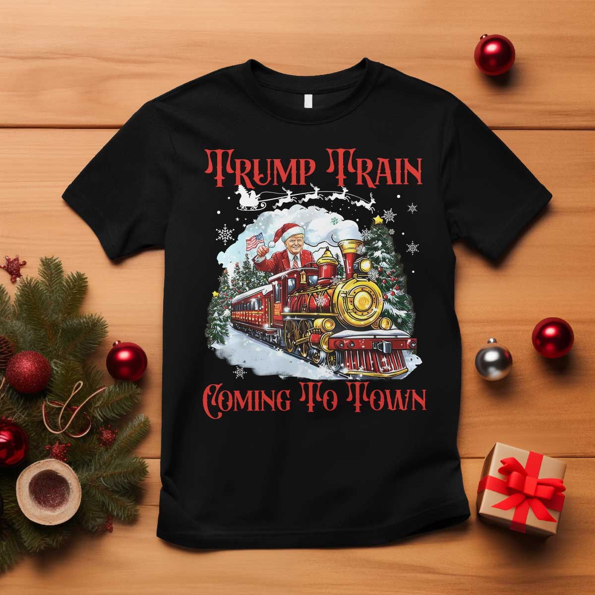Funny Trump Christmas T Shirt Trump Train Coming To Town Santa Pajamas TS10 Black Print Your Wear