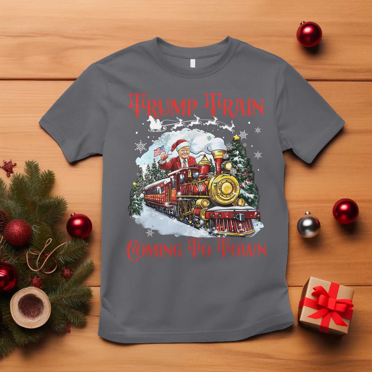 Funny Trump Christmas T Shirt Trump Train Coming To Town Santa Pajamas TS10 Charcoal Print Your Wear