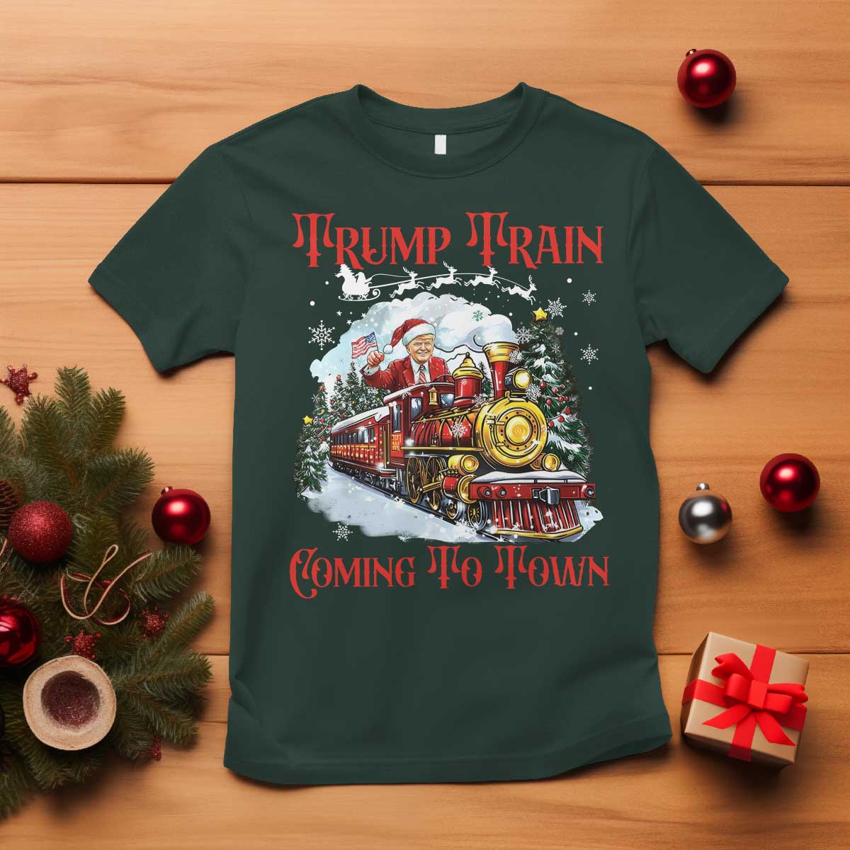Funny Trump Christmas T Shirt Trump Train Coming To Town Santa Pajamas TS10 Dark Forest Green Print Your Wear