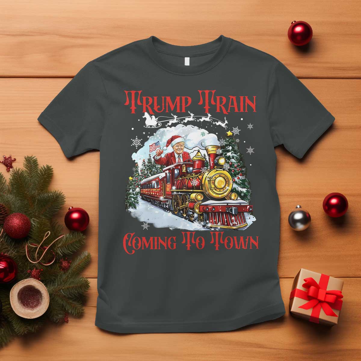 Funny Trump Christmas T Shirt Trump Train Coming To Town Santa Pajamas TS10 Dark Heather Print Your Wear