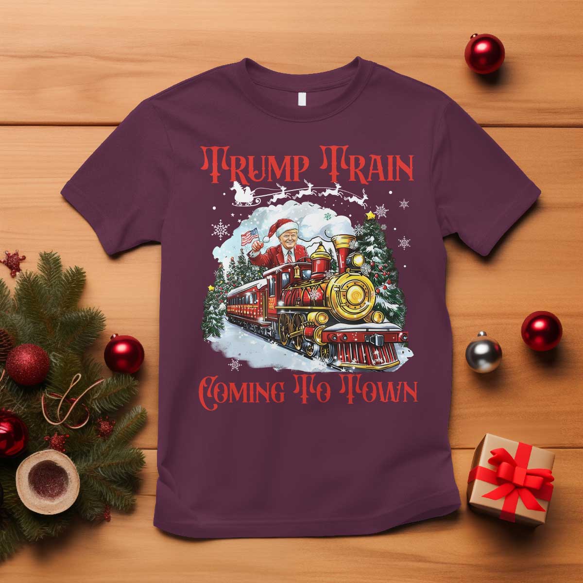 Funny Trump Christmas T Shirt Trump Train Coming To Town Santa Pajamas TS10 Maroon Print Your Wear