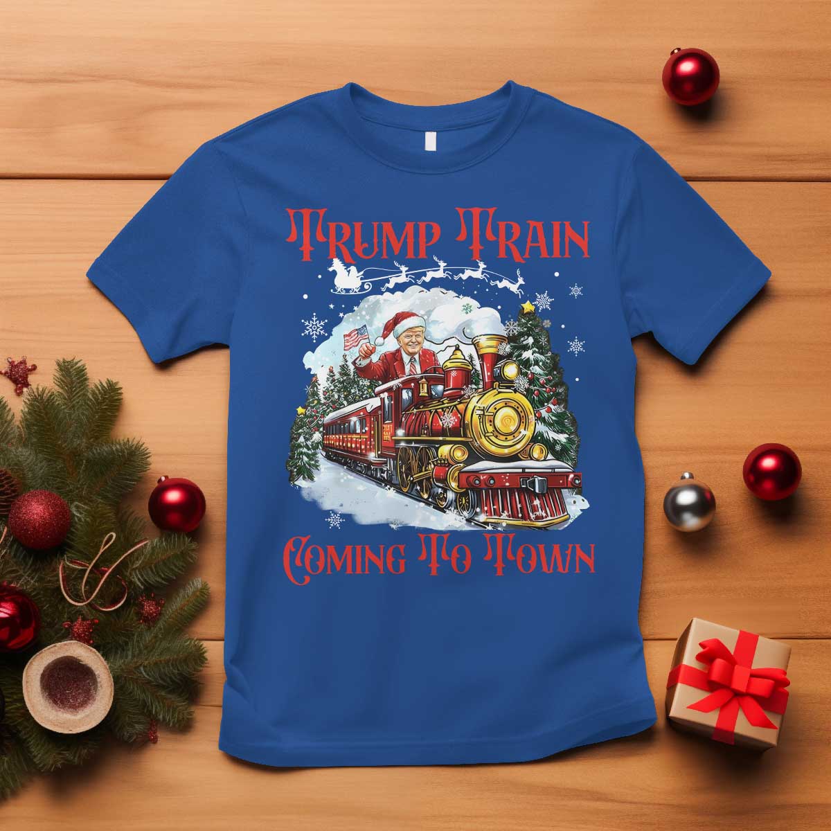 Funny Trump Christmas T Shirt Trump Train Coming To Town Santa Pajamas TS10 Royal Blue Print Your Wear