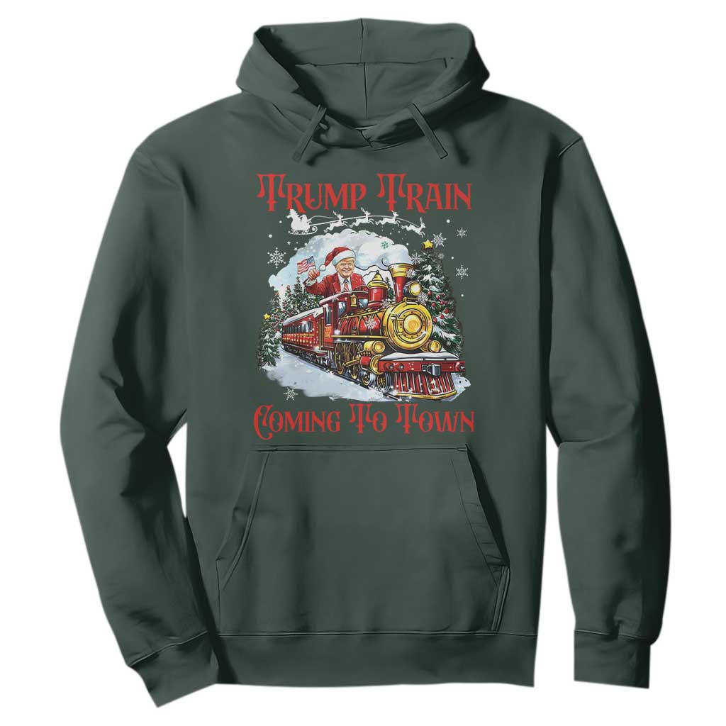 Funny Trump Christmas Hoodie Trump Train Coming To Town Santa Pajamas TS10 Dark Forest Green Print Your Wear