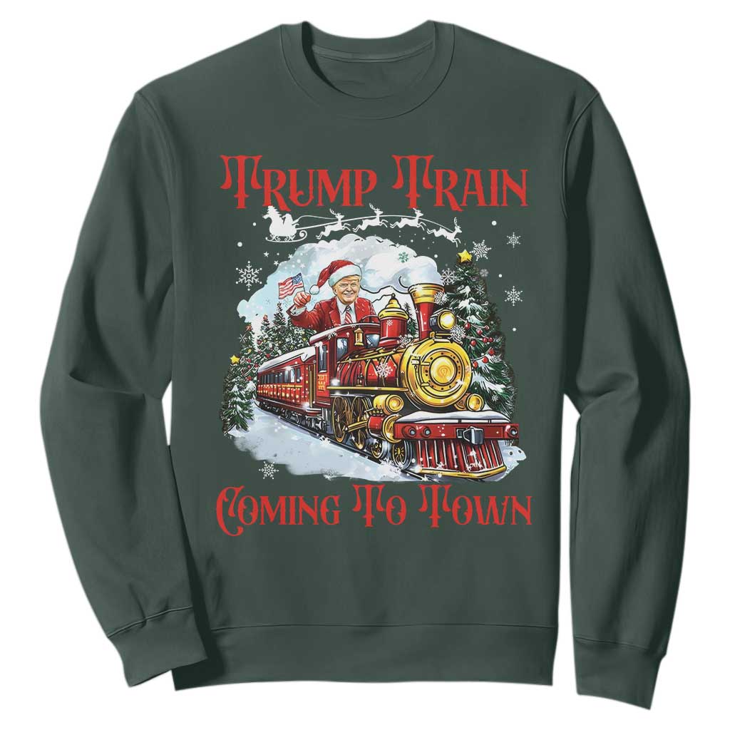 Funny Trump Christmas Sweatshirt Trump Train Coming To Town Santa Pajamas TS10 Dark Forest Green Print Your Wear