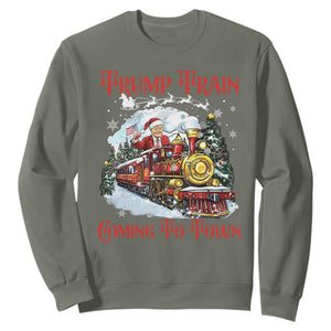 Funny Trump Christmas Sweatshirt Trump Train Coming To Town Santa Pajamas TS10 Military Green Print Your Wear