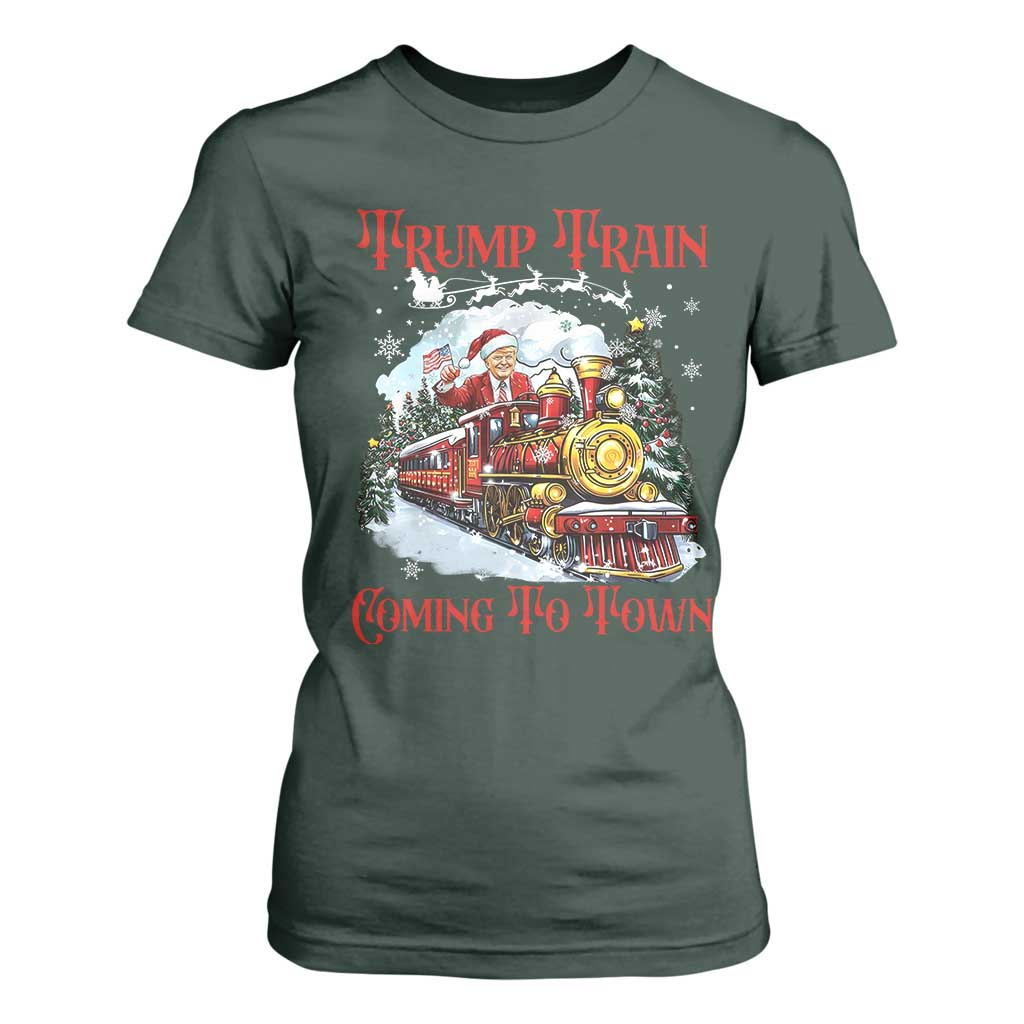 Funny Trump Christmas T Shirt For Women Trump Train Coming To Town Santa Pajamas TS10 Dark Forest Green Print Your Wear