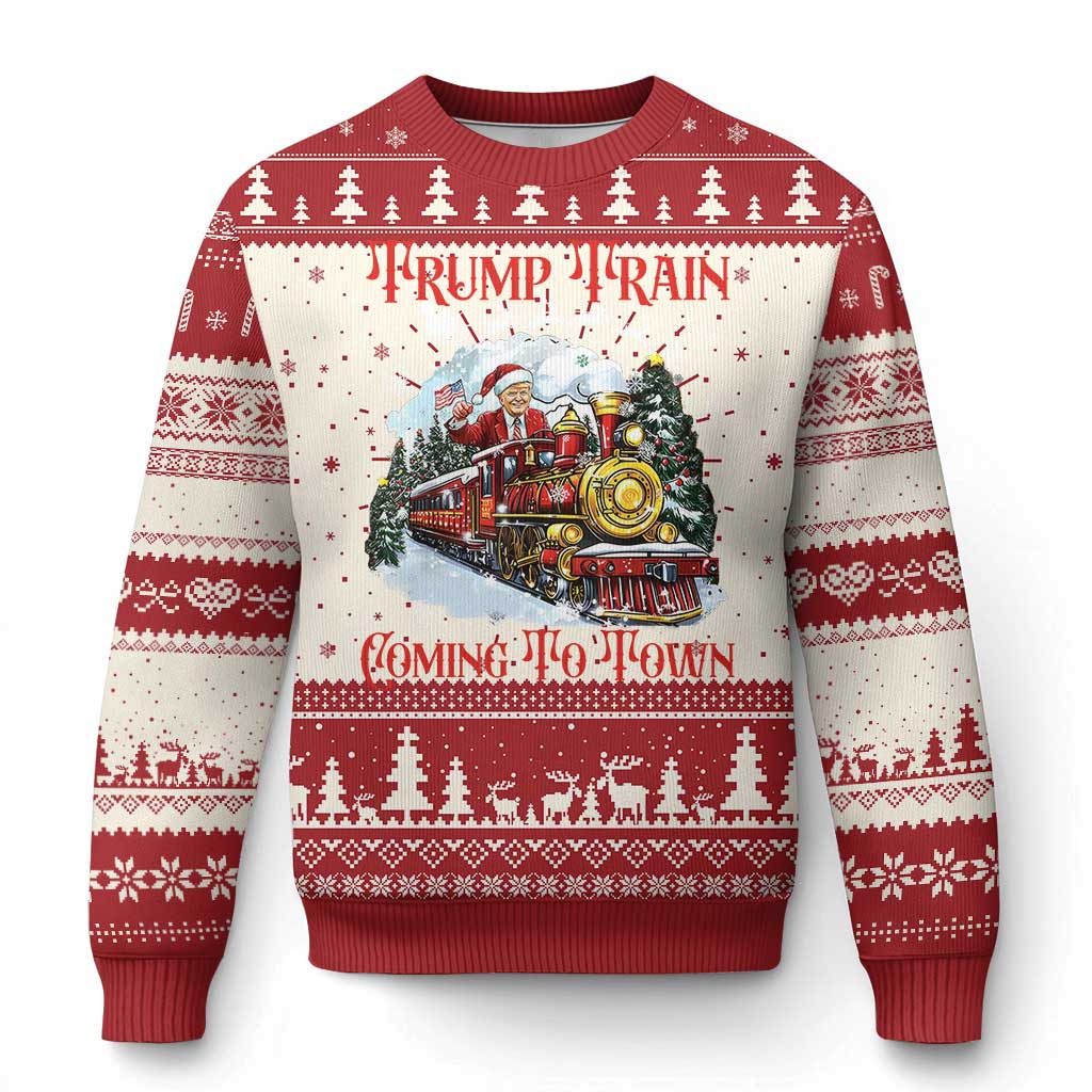 Funny Trump Ugly Christmas Sweater Trump Train Coming To Town Santa Pajamas TS10 Red Print Your Wear