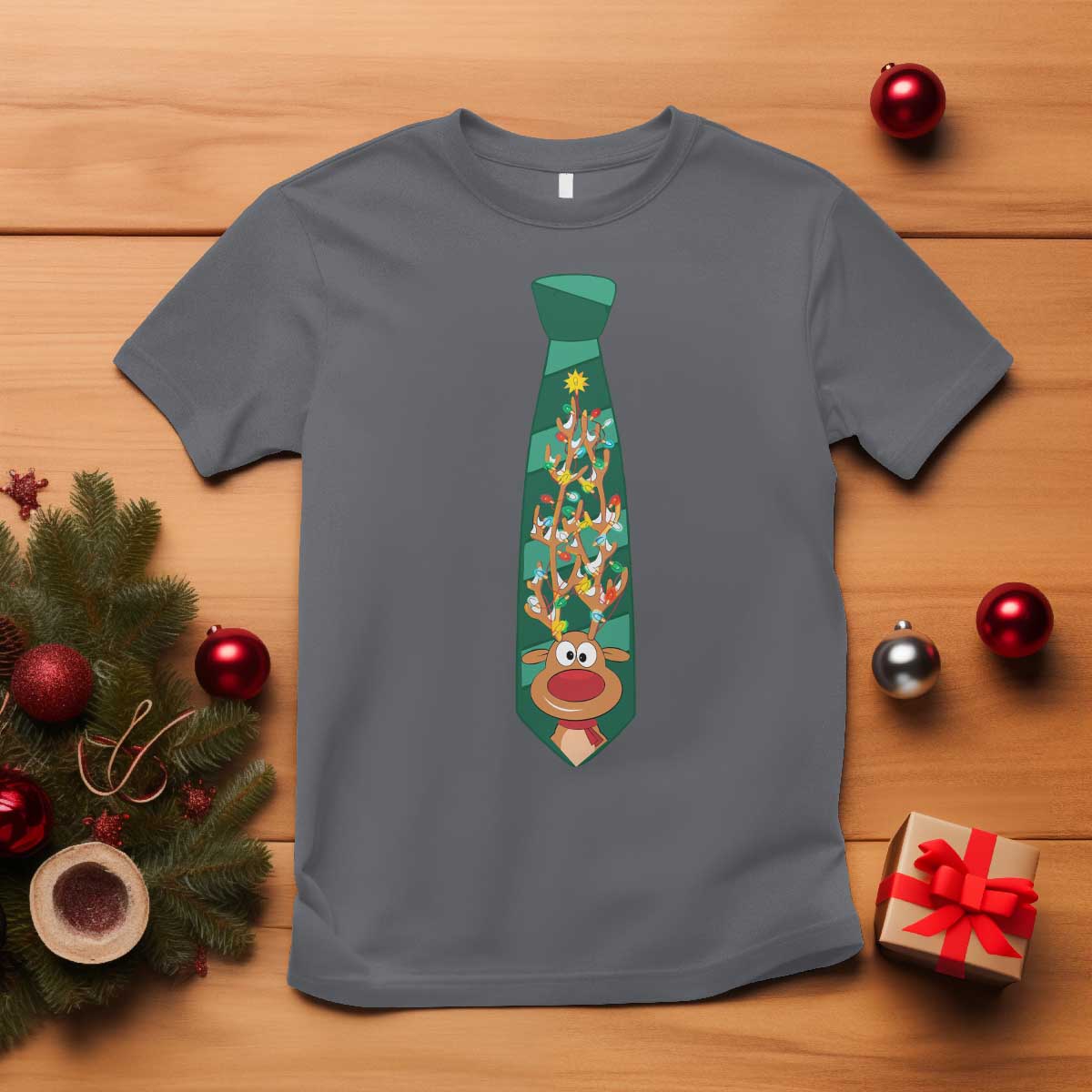 Funny Christmas T Shirt Tie With Reindeer For Family Matching Ugly Gift TS10 Charcoal Print Your Wear