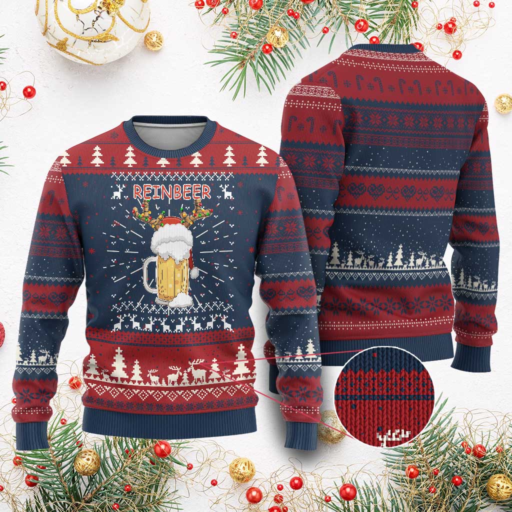 Christmas Couple Matching Knit Sweatshirt Funny Winedeer Reinbeer Matching Ugly Sweaters Beer TS10 Burgundy Print Your Wear